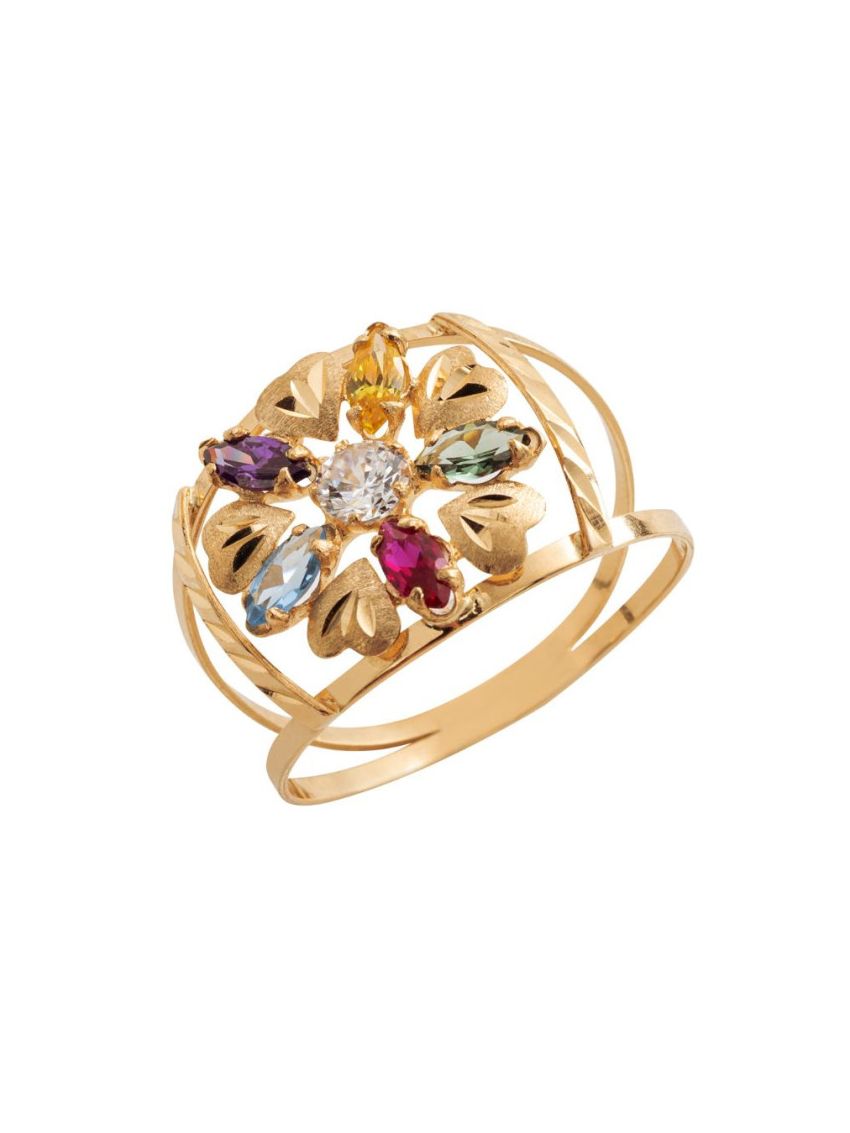 Anel de Ouro 18k Margarida com 6 Pedras Zircônias Coloridas