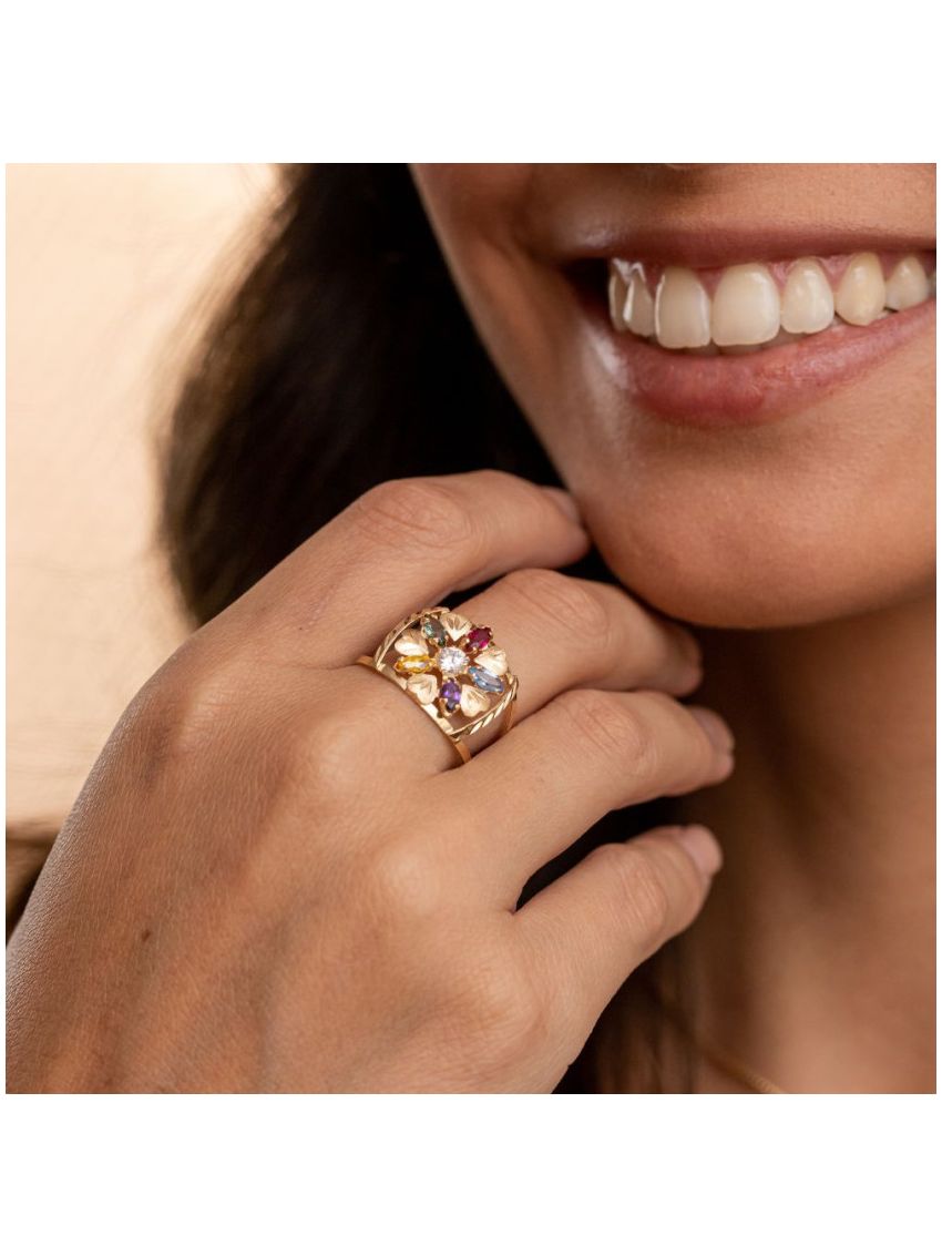 Anel de Ouro 18k Margarida com 6 Pedras Zircônias Coloridas