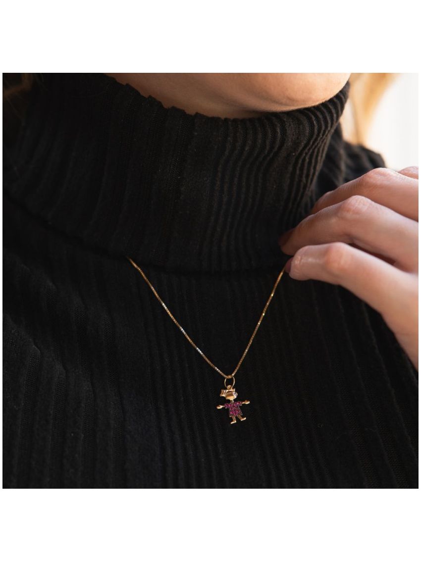 Pingente de Ouro 18k Menina c/ Pedras Zircônias Rosa