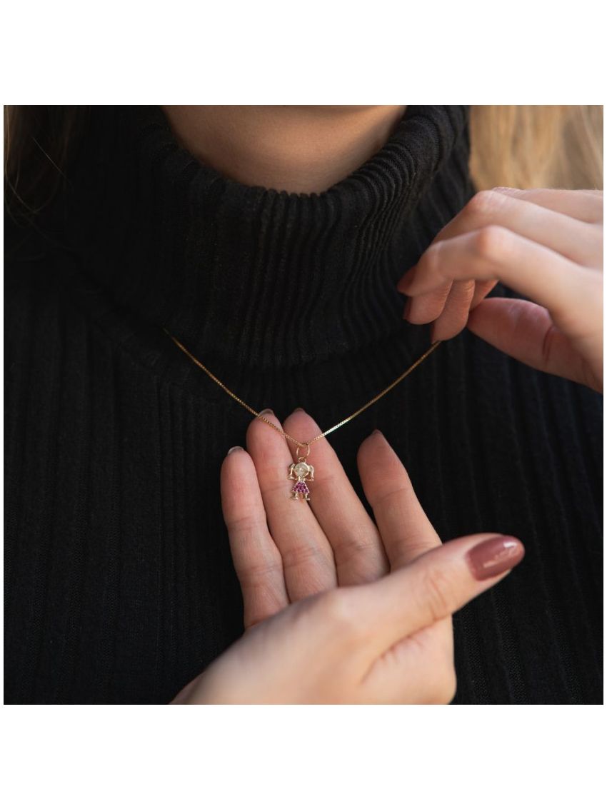 Pingente Menina Ouro 18k e Zircônia Rosa
