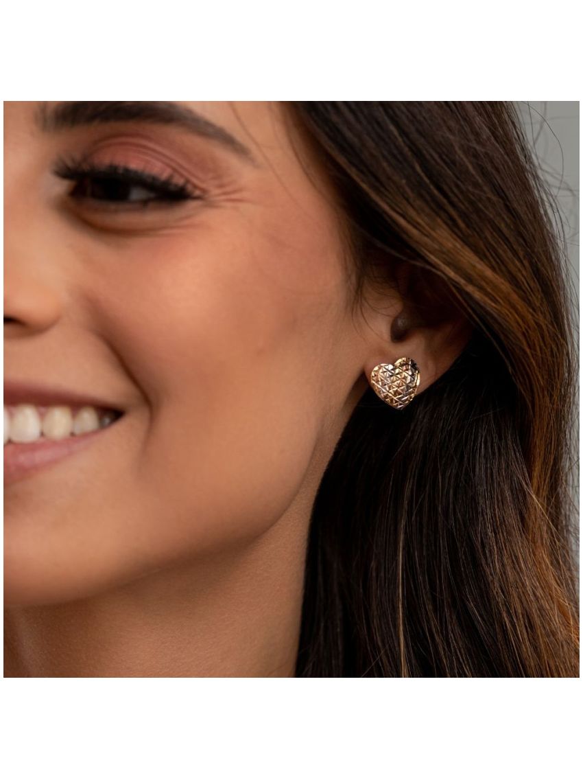 Brinco de Ouro 18k Coração Tricolor