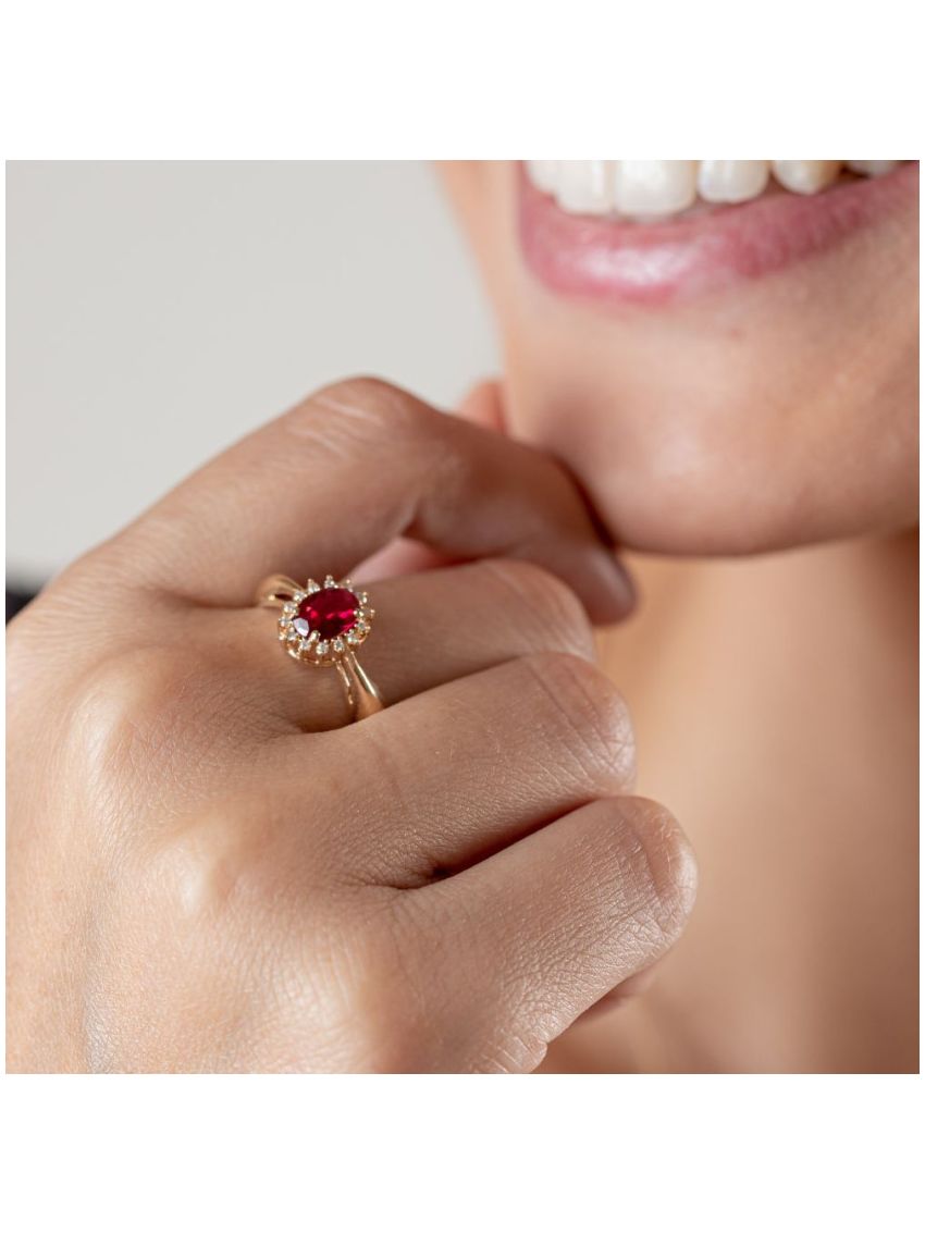 Anel Feminino de Ouro 18k Pedra Rubi Sintética 