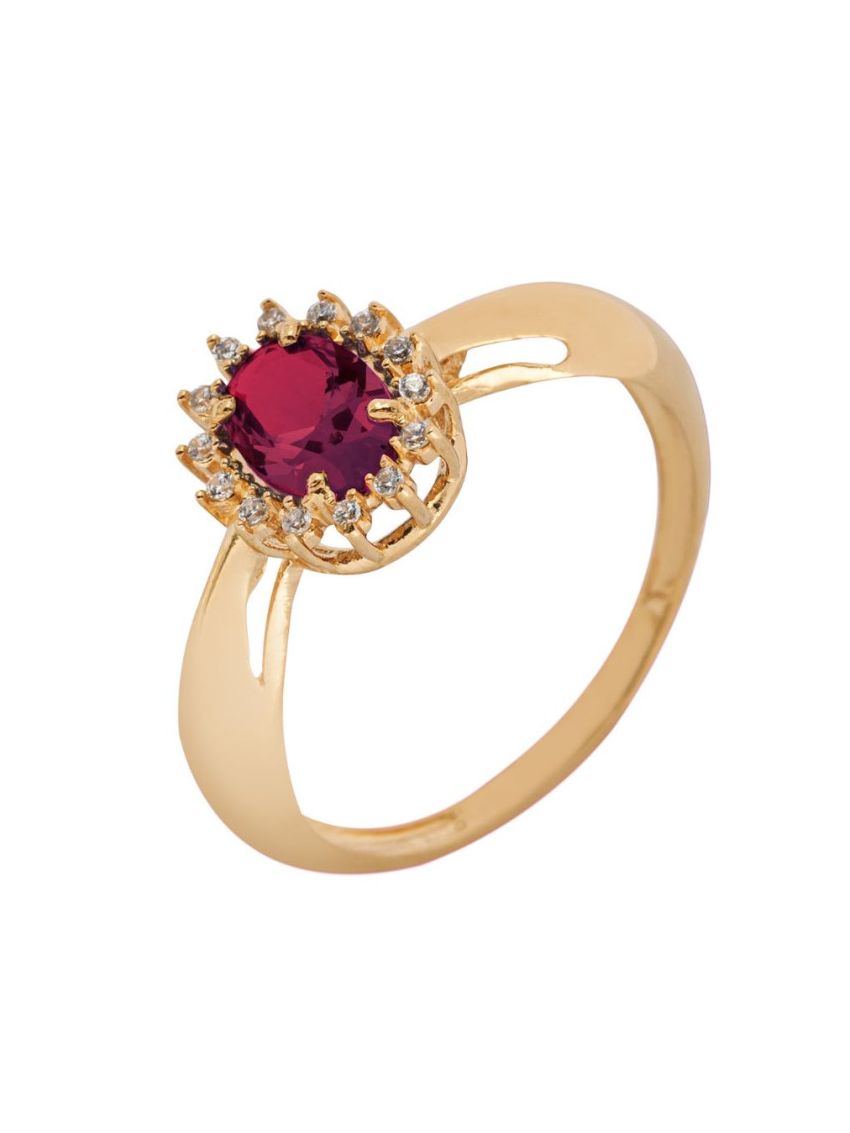 Anel Feminino de Ouro 18k Pedra Rubi Sintética 