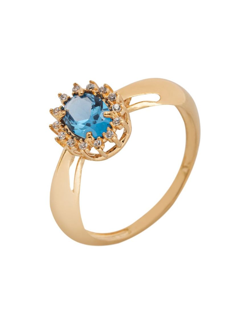 Anel Feminino de Ouro 18k Pedra Água Marinha Sintética