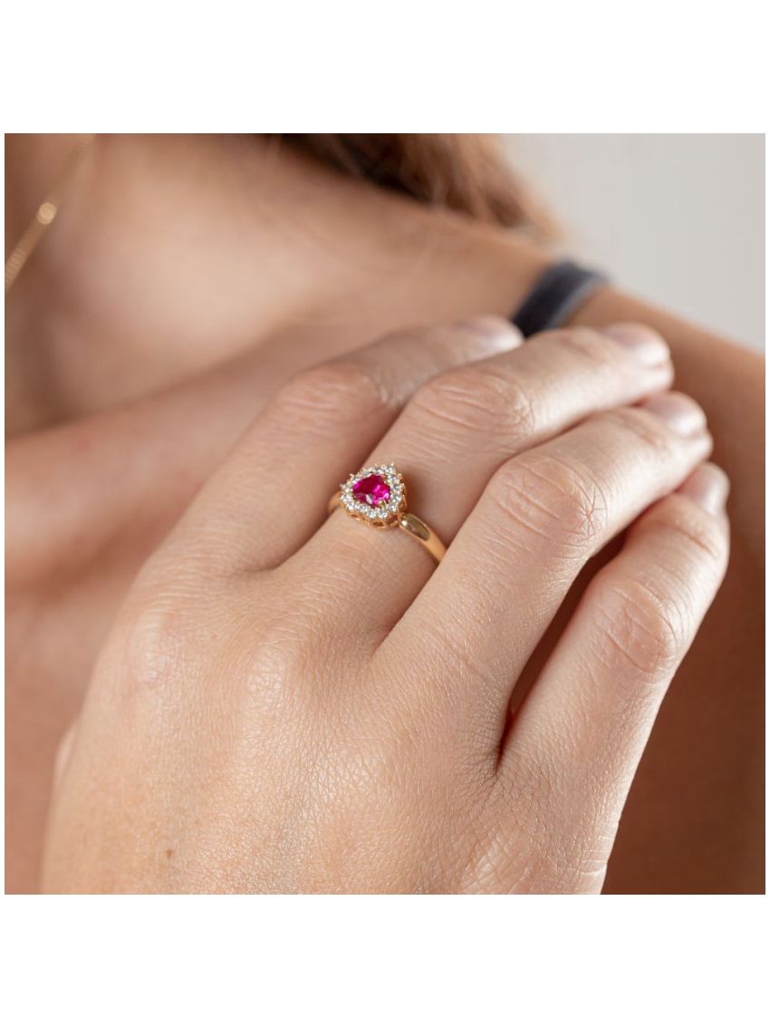 Anel Feminino de Ouro 18k Coração Rubi Sintética