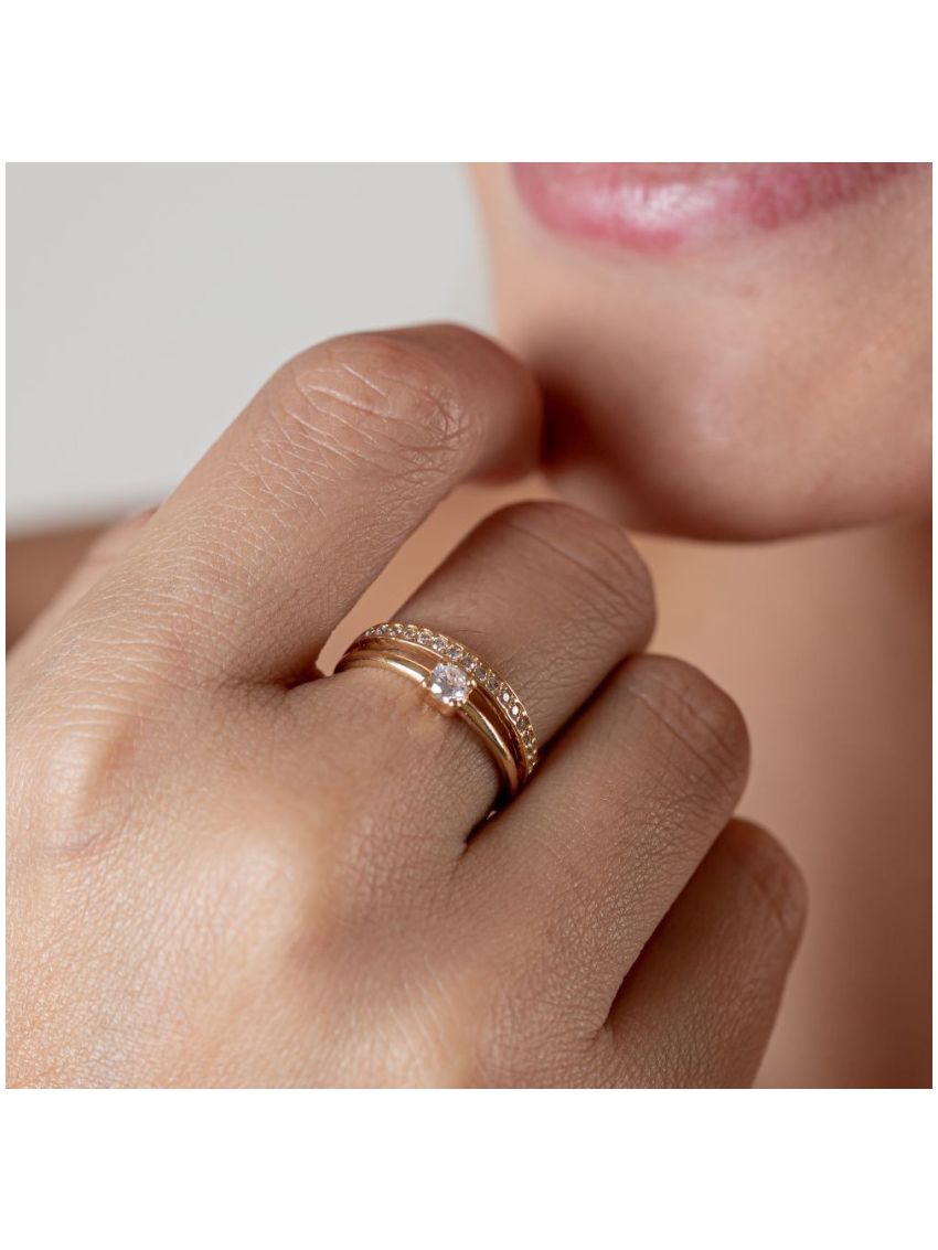 Anel Feminino de Ouro 18k Meia Aliança com Solitário