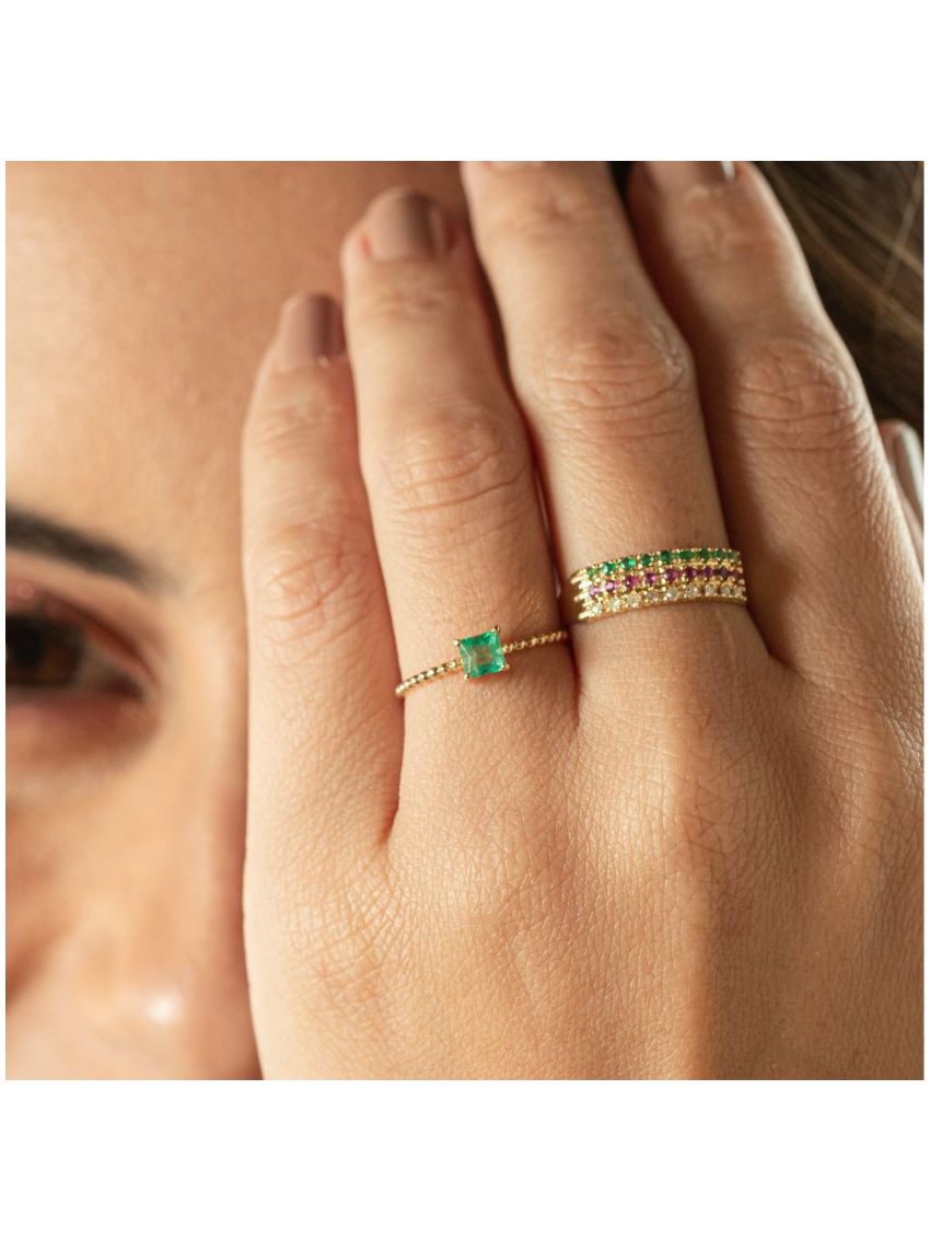 Meia Aliança de Ouro 18k Tripla com Pedras Naturais