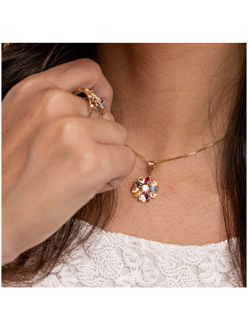 Pingente de Ouro Margarida com 6 pedras coloridas