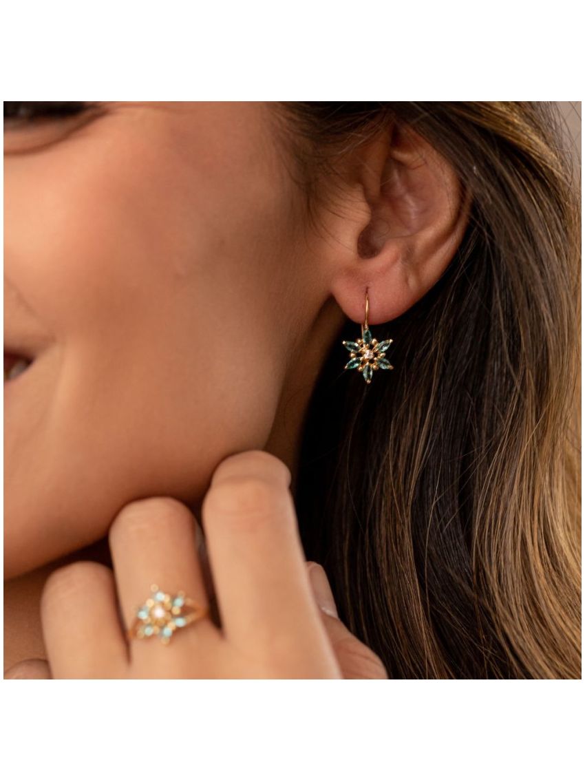 Brinco Feminino de Ouro 18k Flor com Pedras Verdes