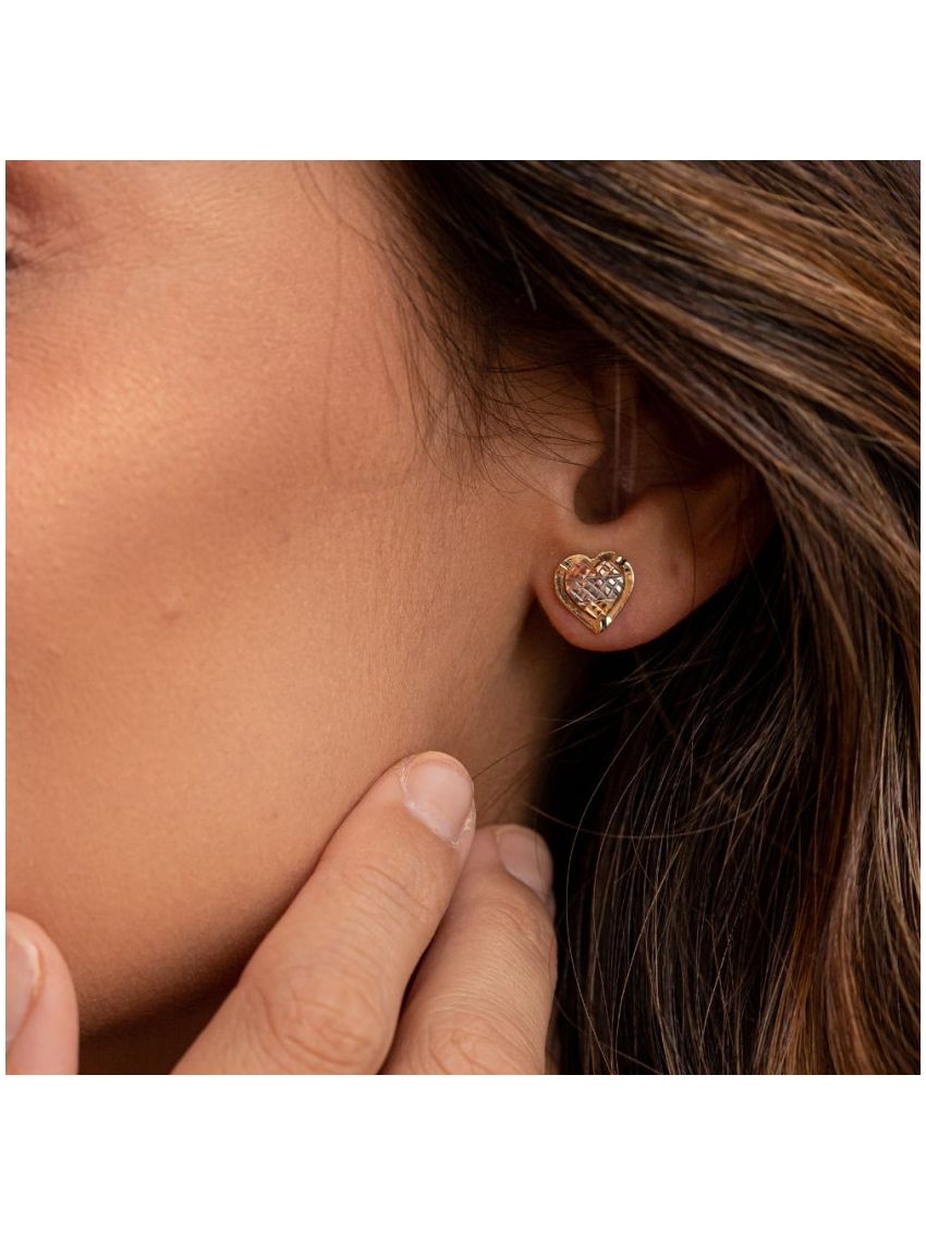 Brinco Feminino de Ouro 18k Coração Tricolor