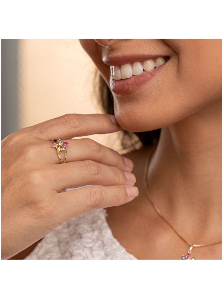 Anel Feminino de Ouro 18k Flor com Pedras Coloridas