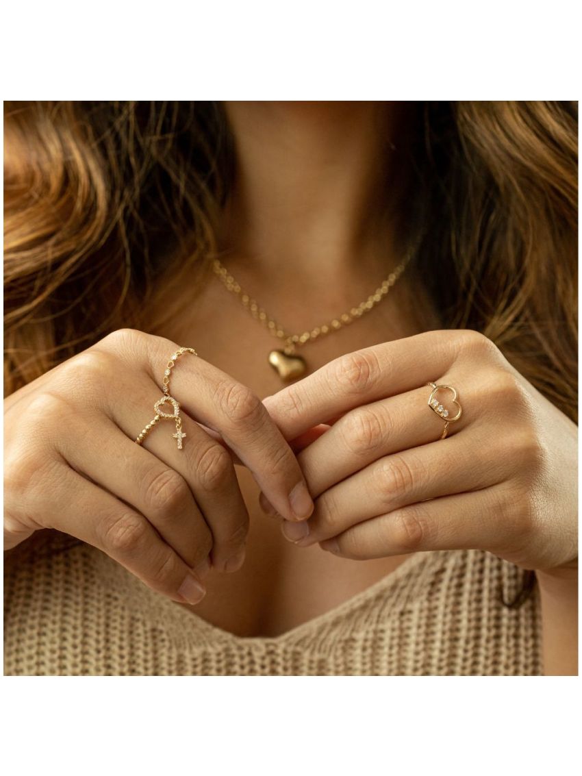 Anel de Ouro 18k Feminino Corações Vazados e Pedras