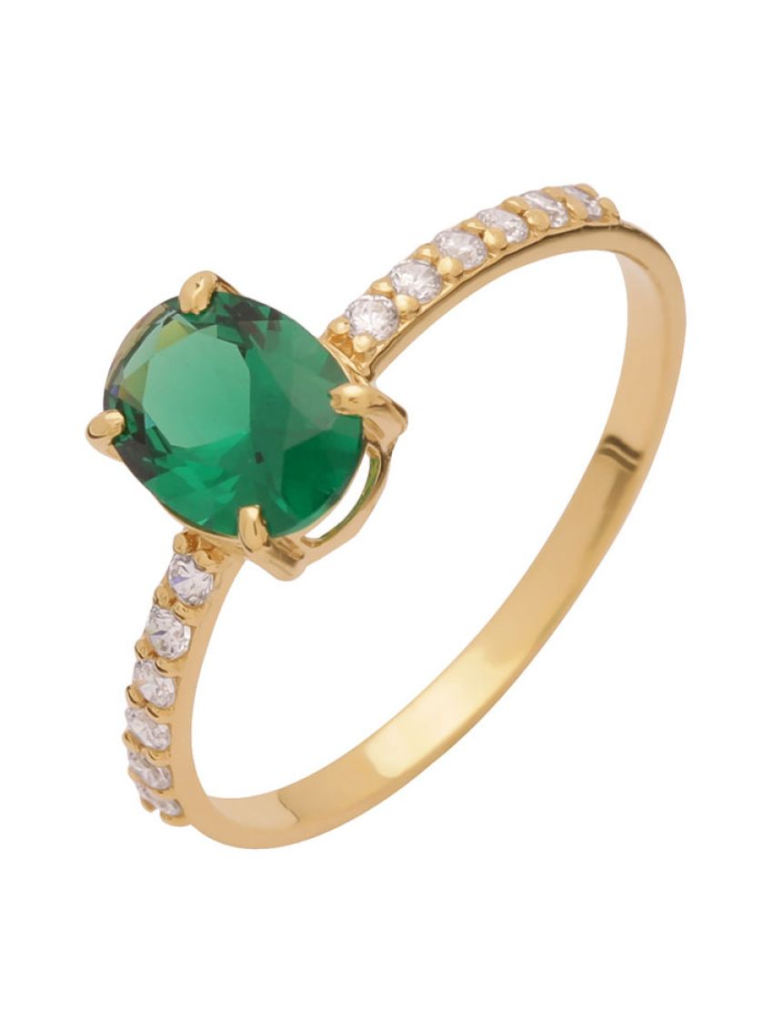 Anel de Ouro 18k com Pedra Sintética Verde Oval e Zircônia