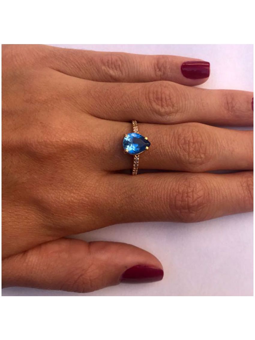 Anel de Ouro 18k e Zircônio Feminino Gota Azul