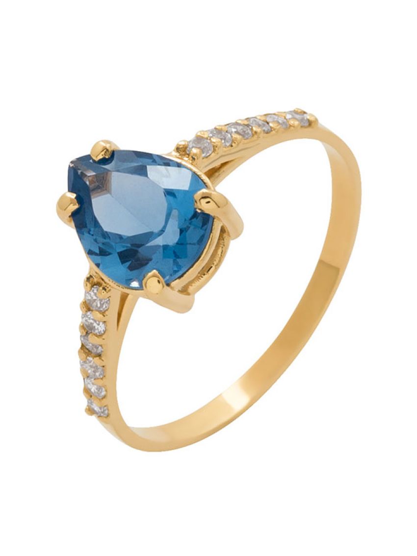 Anel de Ouro 18k e Zircônio Feminino Gota Azul