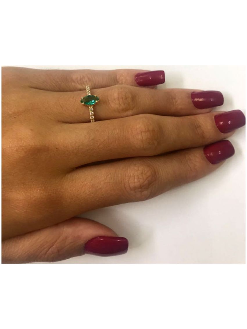 Meia Aliança de Ouro 18k Feminino Navete com Pedra Verde e Zircônia