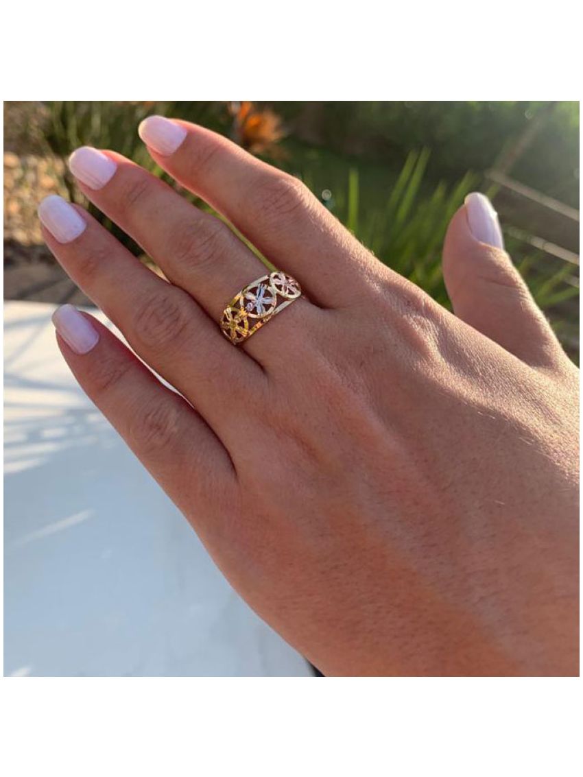 Anel de Ouro 18k Tricolor Feminino Flores
