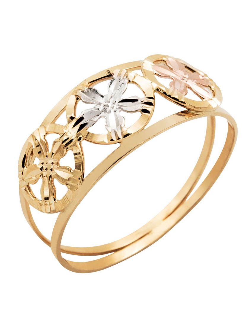 Anel de Ouro 18k Tricolor Feminino Flores