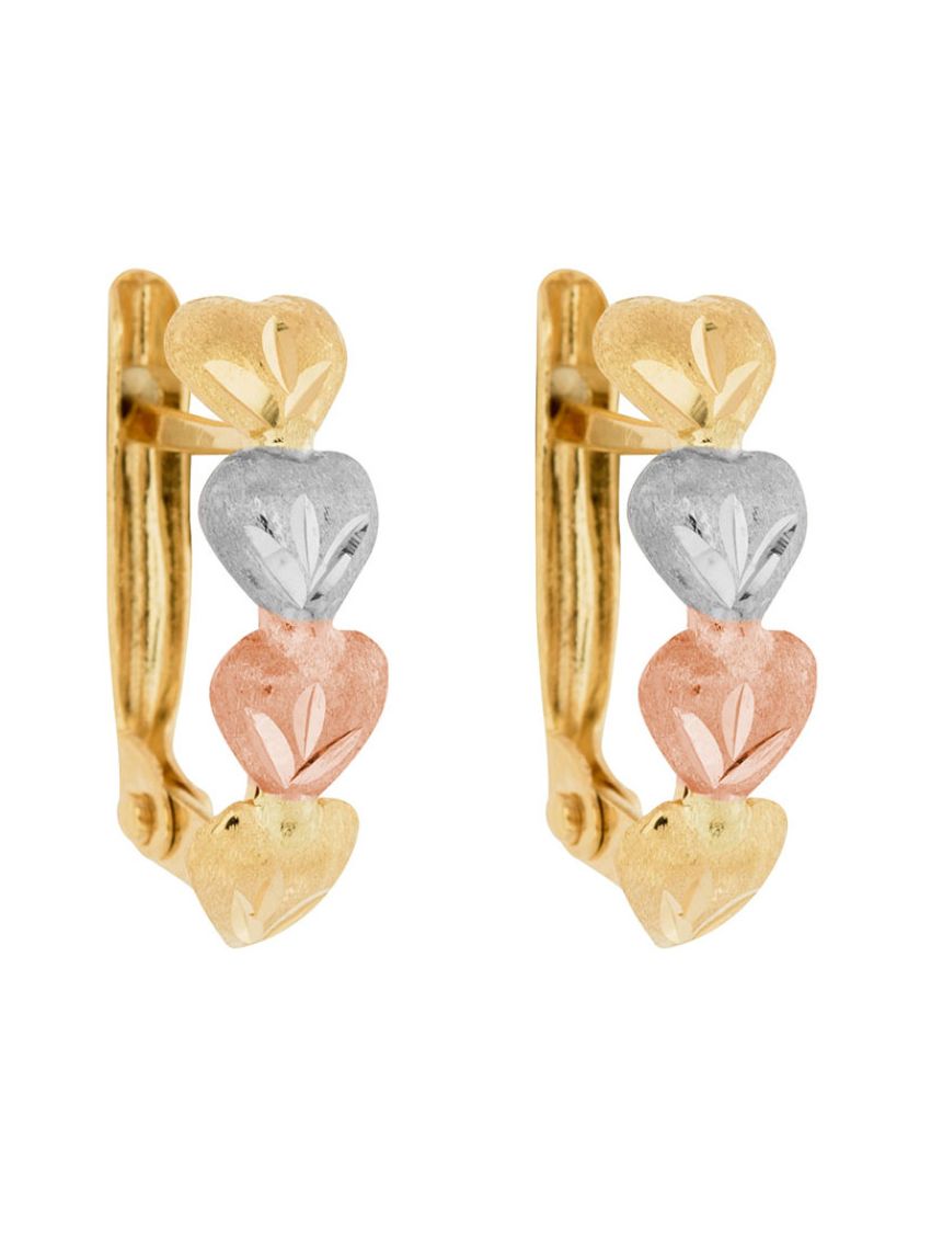 Brinco de Ouro 18k 4 Coração Tricolor