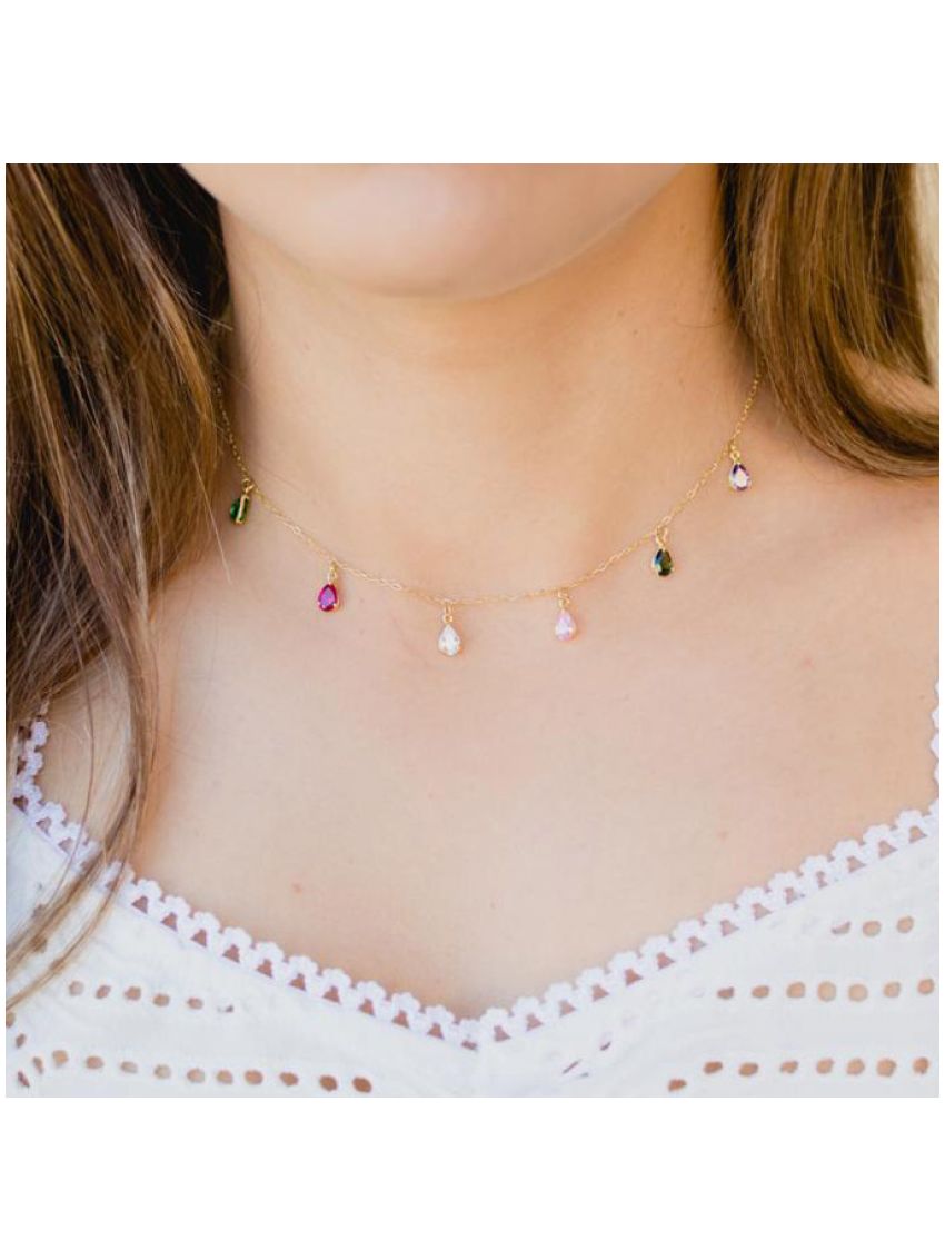 Choker de Ouro 18k Feminina com Pedras Gota