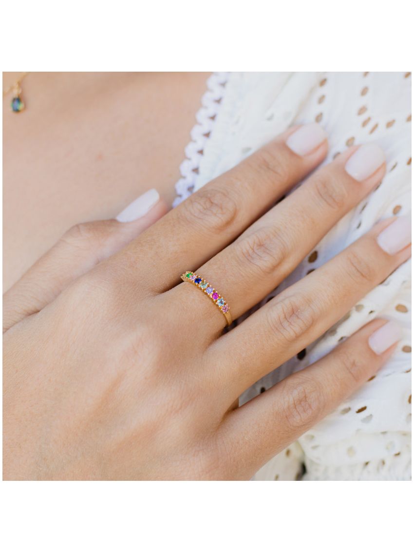 Meia Aliança de Ouro 18k com Zircônias Coloridas de 2mm