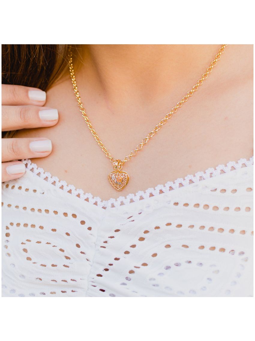 Corrente de Ouro18k com Pingente Coração e Flor