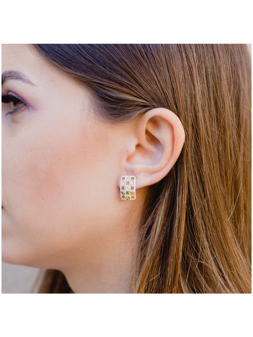 Brinco de Ouro 18k Feminino Xadrez Tricolor