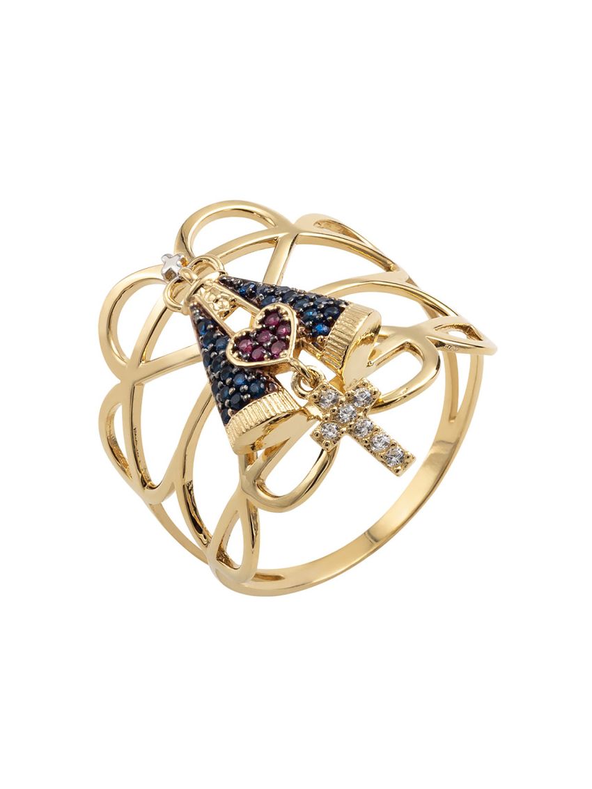 Anel de Ouro 18k Nossa Senhora com Pedras