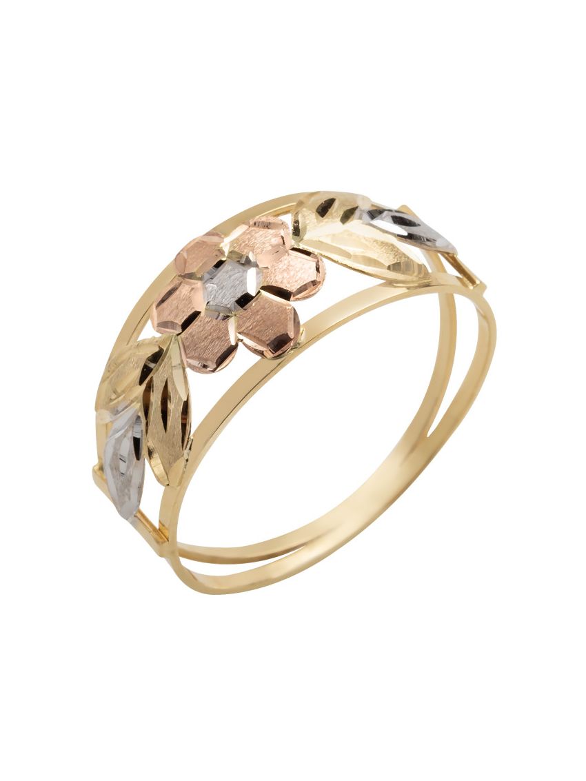 Anel De Ouro 18k Flor E Folha Tricolor