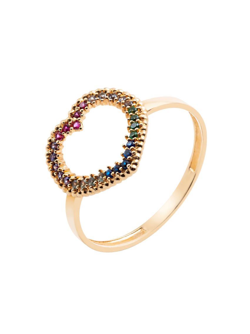 Anel de Ouro 18k Corações com Pedras Coloridas