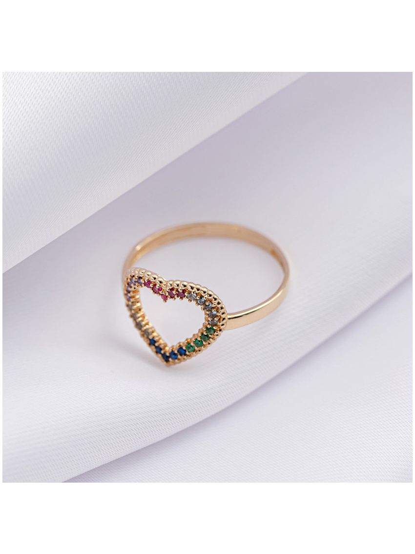 Anel de Ouro 18k Corações com Pedras Coloridas