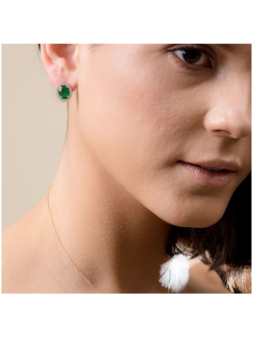 Brinco de Ouro 18k com Pedra Esmeralda Sintética
