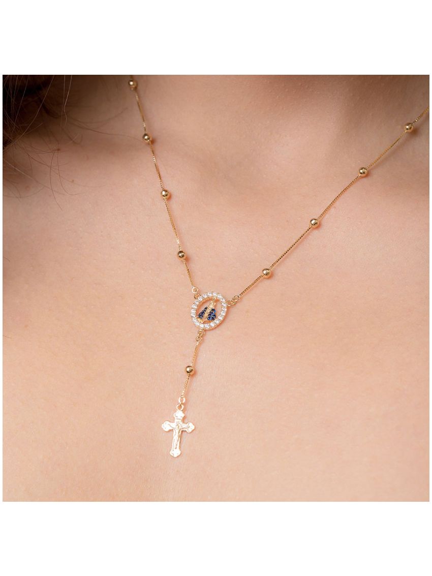 Corrente de Ouro 18k Terço com  Medalha de Pedras