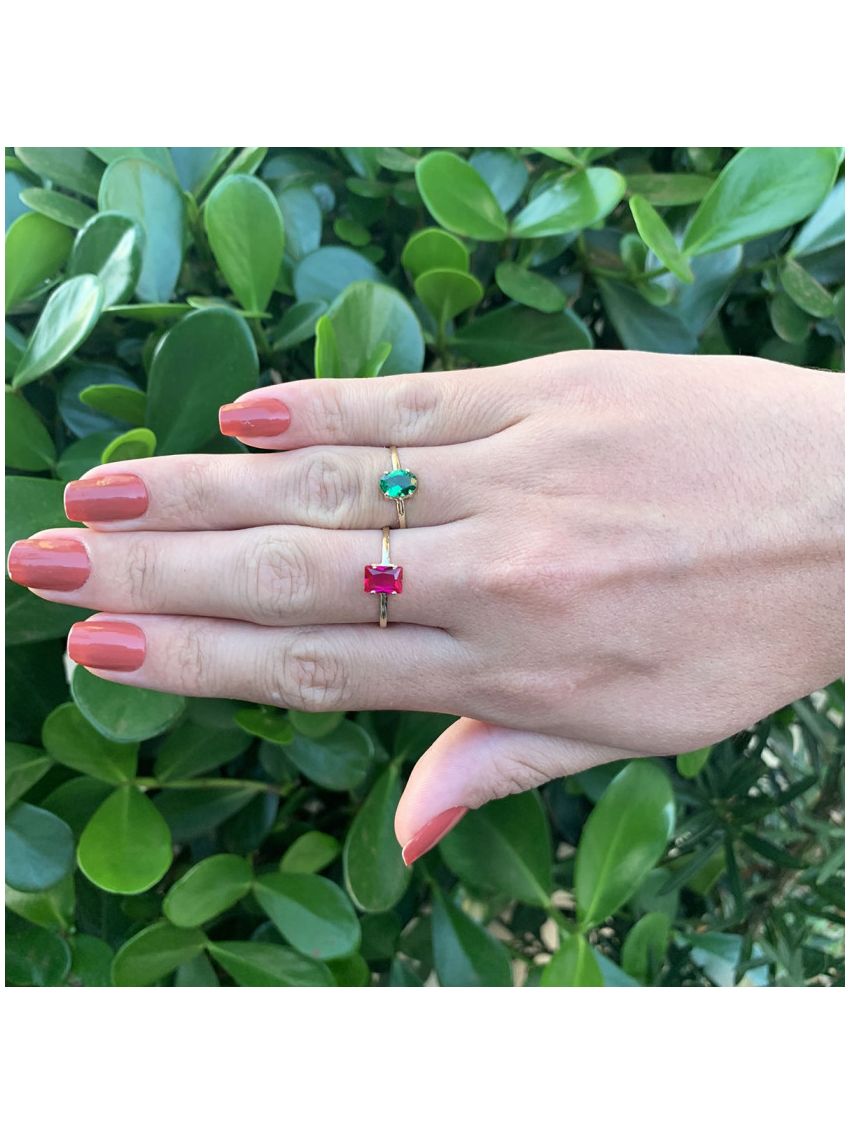 Anel de Ouro 18k Feminino Pedra Baguete Rubi Sintética