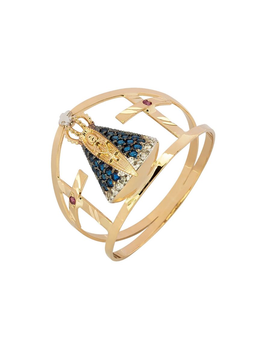 Anel de Ouro 18k Nossa Senhora com Cruz Médio