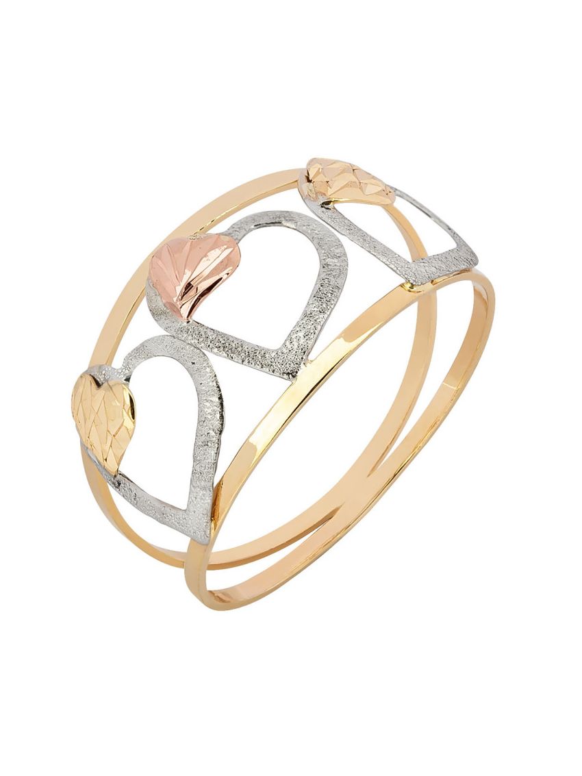 Anel de Ouro 18k Feminino Corações Vazados Tricolor