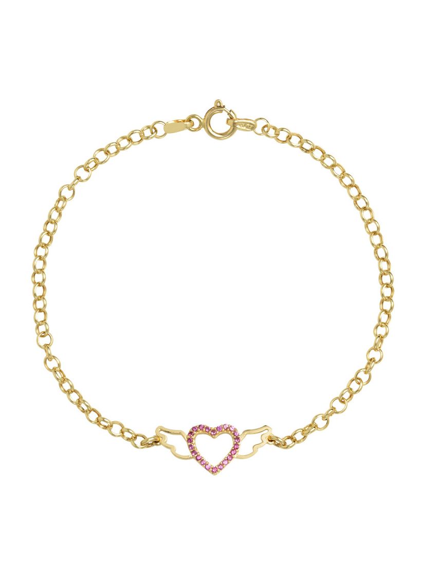 Pulseira Feminina Ouro 18k Coração Pedras com Asas