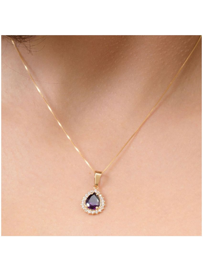 Pingente de Ouro 18k e Zircônio Feminino Gota Violeta