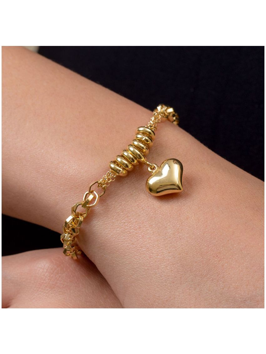 Pulseira de Ouro 18k Portuguesa Hexagonal com Pingente de Coração
