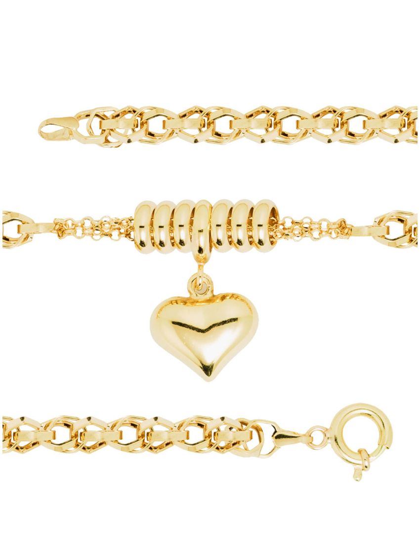 Pulseira de Ouro 18k Portuguesa Hexagonal com Pingente de Coração