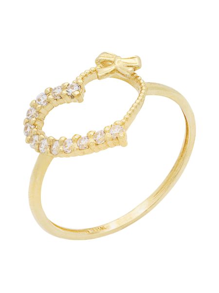 Anel de Ouro 18k Feminino Coração Pedras e Laço