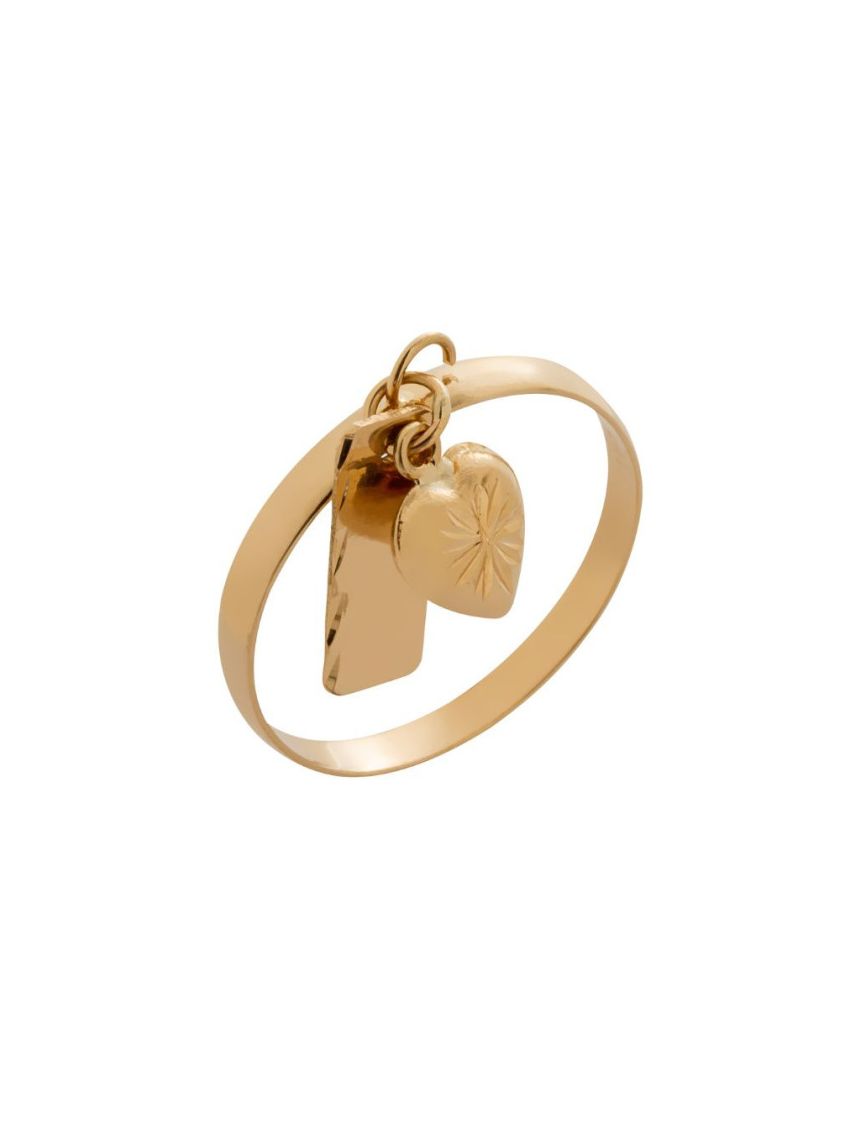 Anel Ouro Coração Trabalhado e Plaquinha 18k Feminino