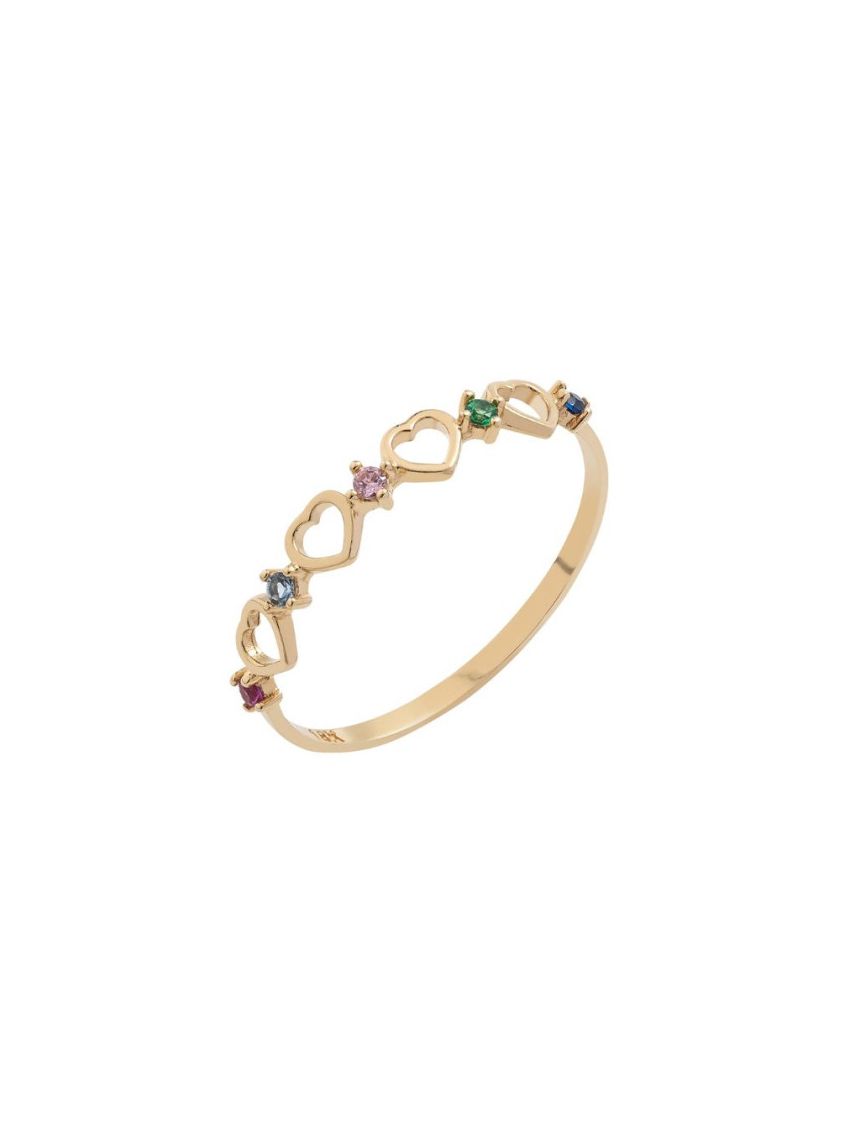 Anel de Ouro Feminino Feminino 18k Corações Vazados e Pedras Coloridas