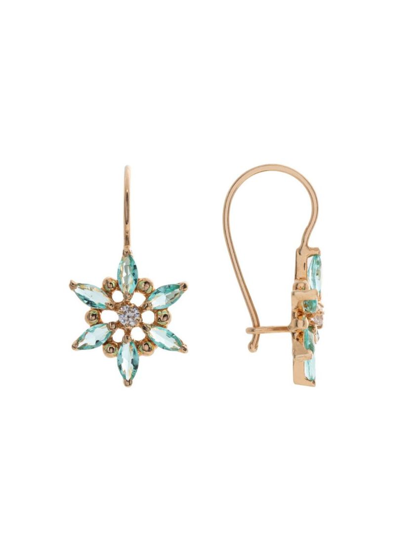 Brinco Feminino de Ouro 18k Flor com Pedras Verdes