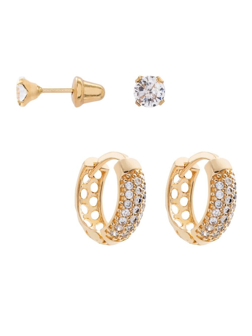Combo Brinco Argola de Ouro 18k com Zircônias + Brinco de Ouro 18k com Pedra 3mm