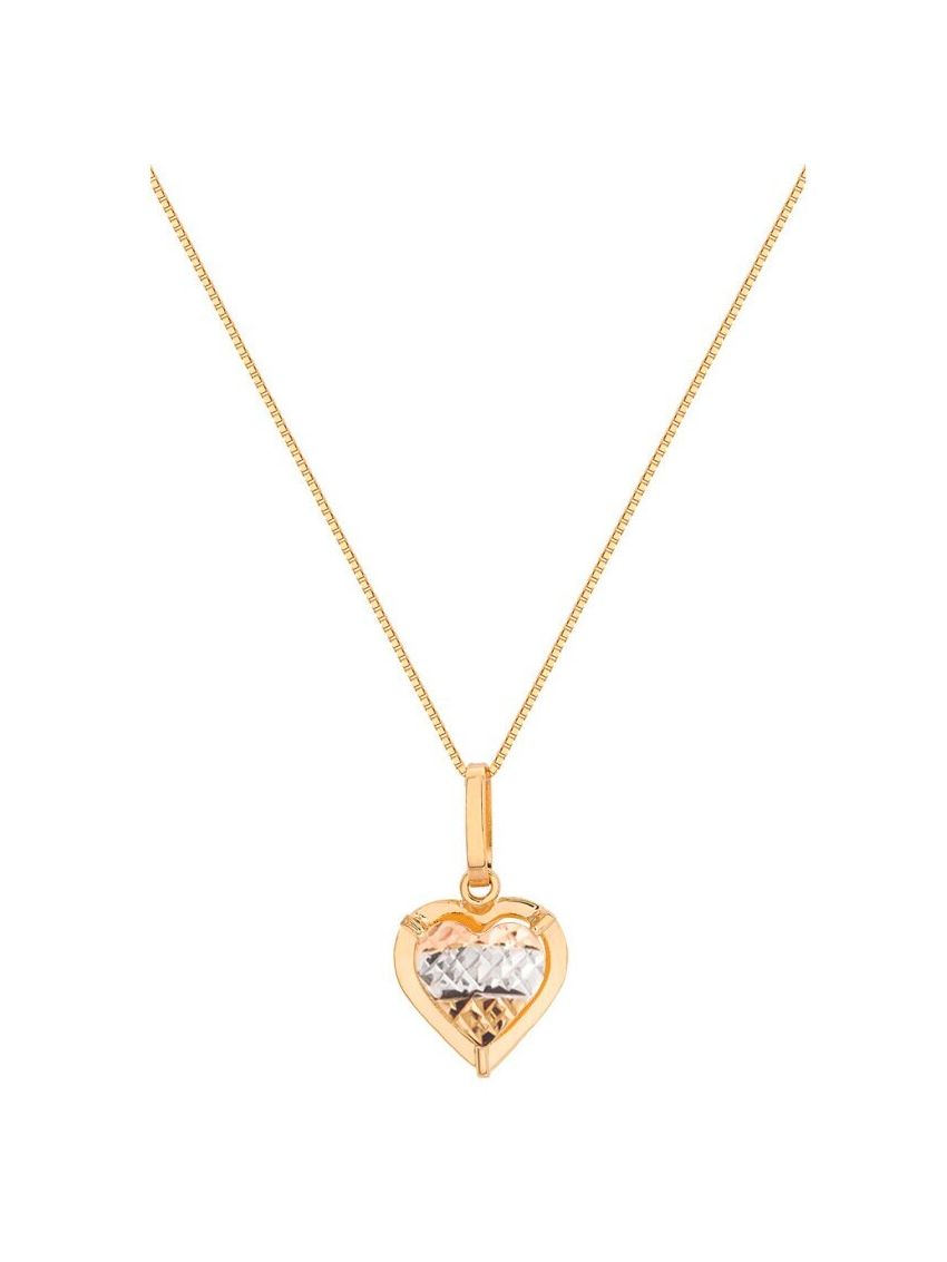 Combo Pingente de Ouro 18k Coração Tricolor + Corrente de Ouro 18k Veneziana
