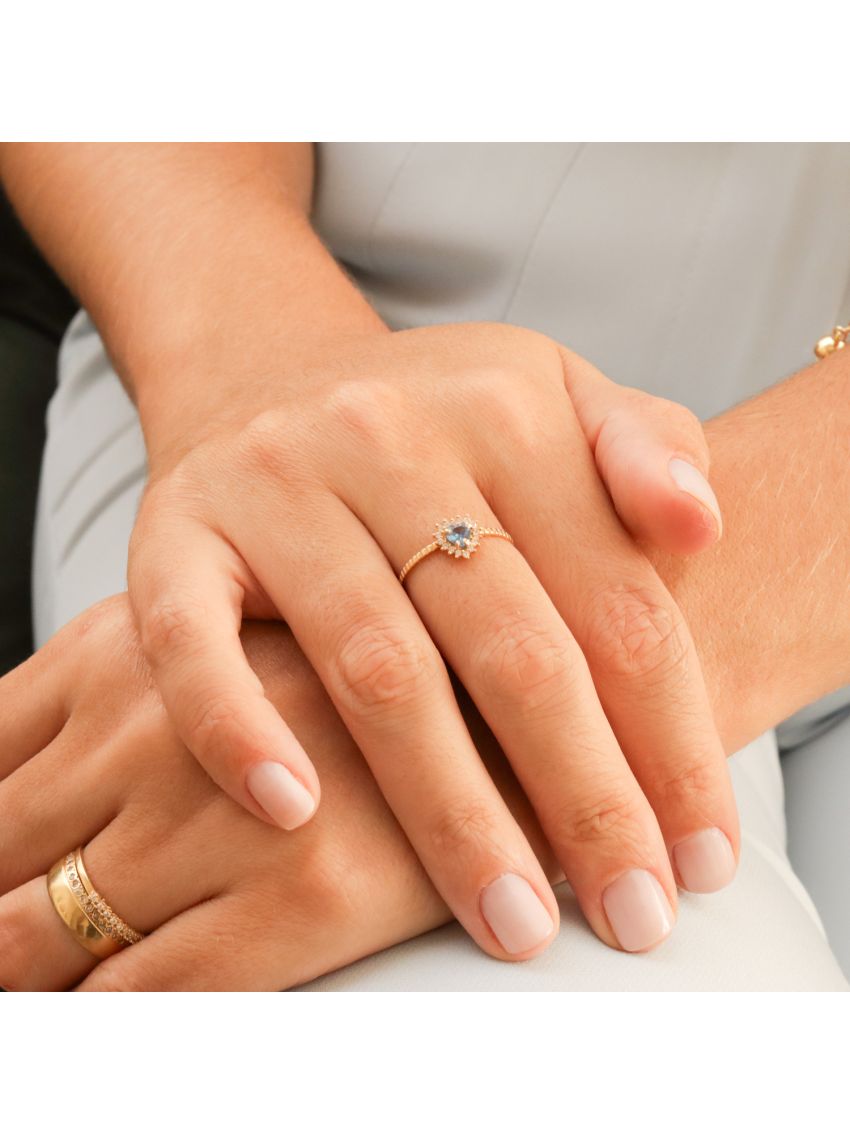 Anel de Ouro 18k Feminino Coração Azul com Pedras