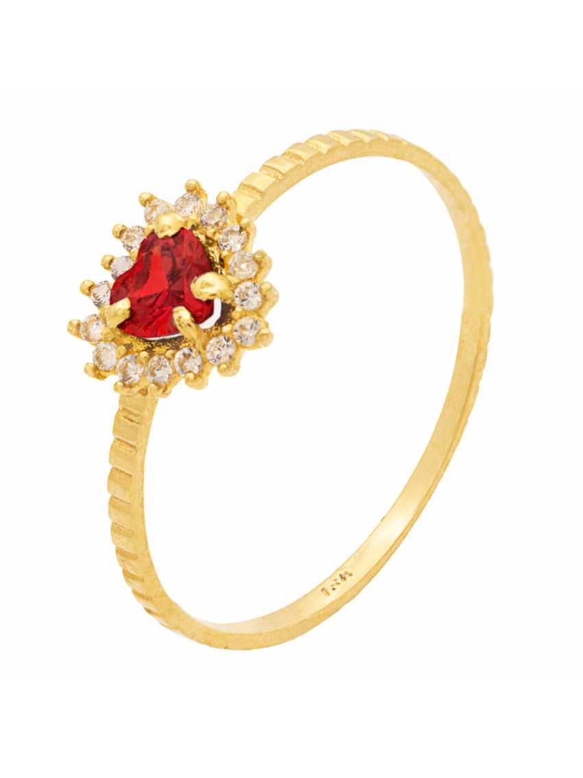 Anel de Ouro 18k Feminino Coração Vermelho com Pedras
