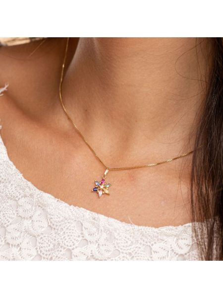 Pingente de Ouro 18k Flor com 7 Pedras de Zircônia