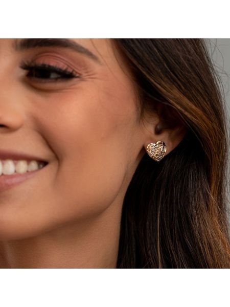 Brinco de Ouro 18k Coração Tricolor